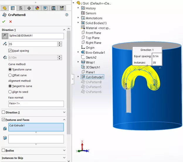 SOLIDWORKS Curve Drive Pattern Along the Tool Path Curve