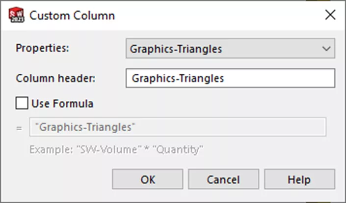 Custom Column Dialog Box in SOLIDWORKS 