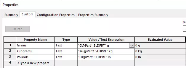 Additional SOLIDWORKS Custom Properties
