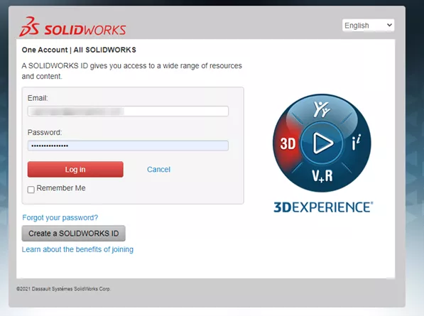 SOLIDWORKS Customer Portal Login Screen