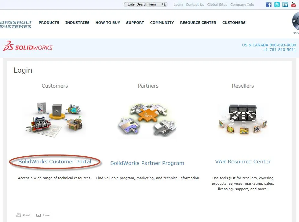 SOLIDWORKS Customer Portal Login Screen