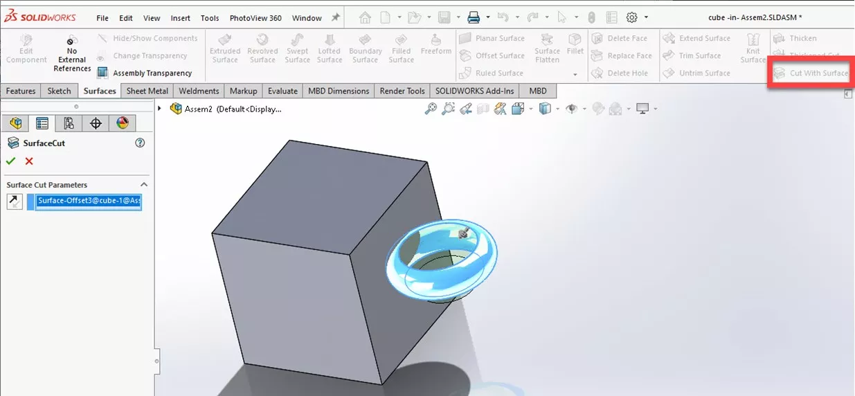 SOLIDWORKS Cut With Surface Option 