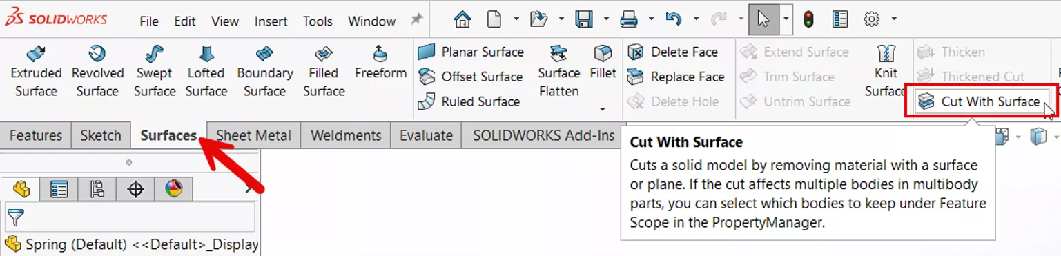 SOLIDWORKS Cut With Surface Command
