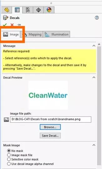 SOLIDWORKS Decals Image Tab Options