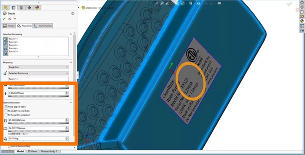 SOLIDWORKS Decals Size/Orientation Settings