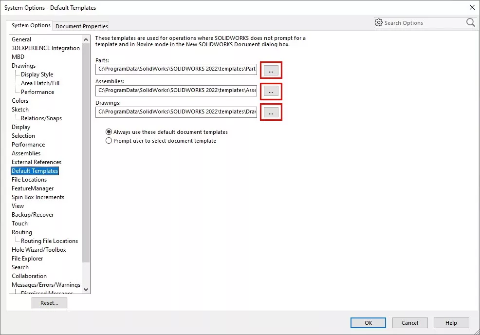 SOLIDWORKS Default Templates System Options