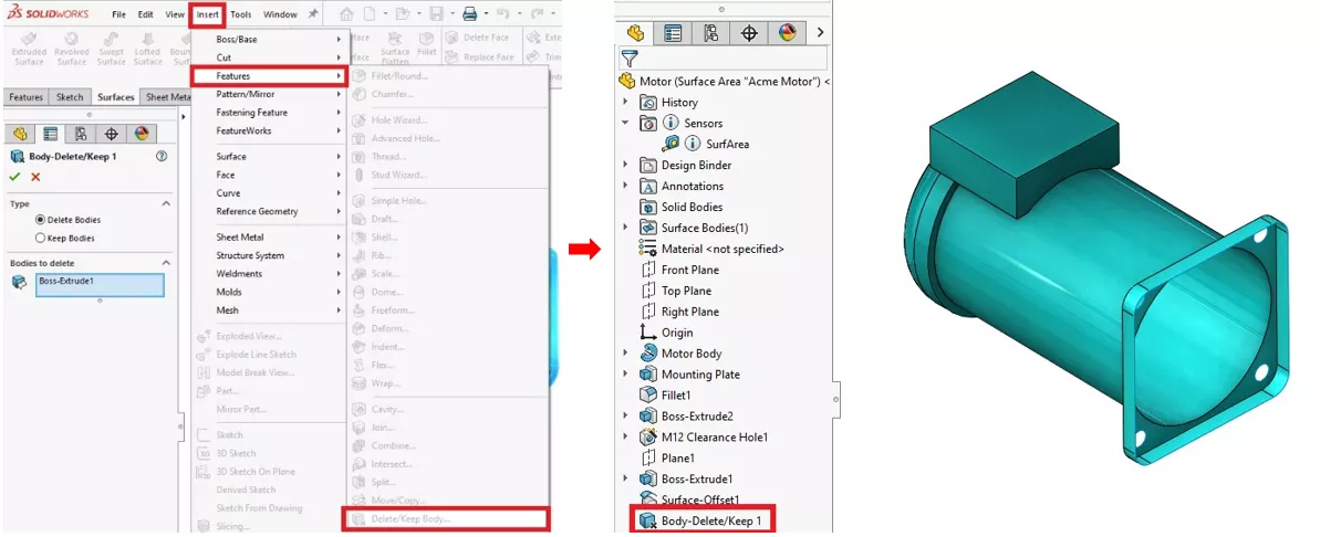 Use the SOLIDWORKS Delete/Keep Bodies Feature under the Insert > Features pull-down menu. 