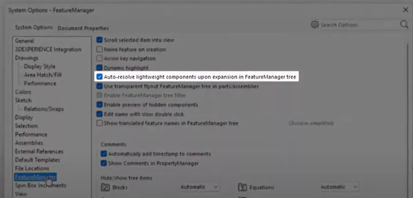 SOLIDWORKS Delivery Day 2025 FD02 Disable Auto-Resolve Lightweight Components Upon Expansion in FeatureManager Tree