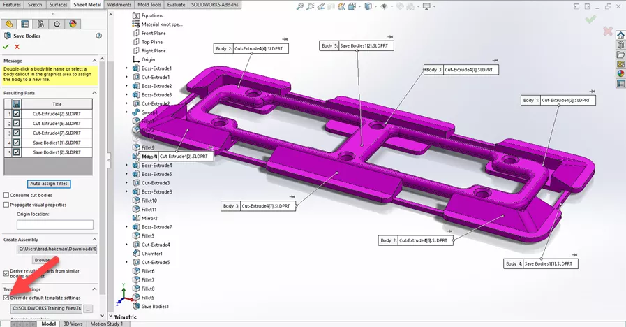 Save Bodies SOLIDWORKS Feature with “Derive resulting parts from similar bodies or cut list