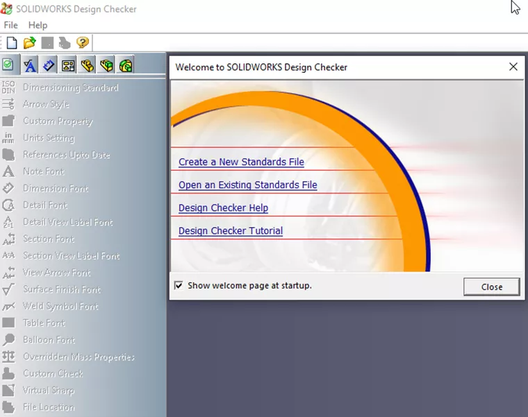 Welcome to SOLIDWORKS Design Checker Screen 