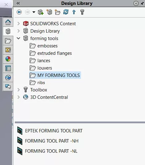 SOLIDWORKS Design Library Forming Tools Folder