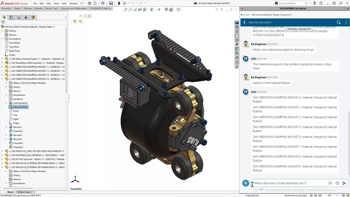 LEO AI Assistant in SOLIDWORKS Design Premium