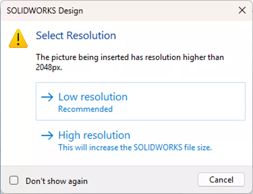 SOLIDWORKS Design Select Resolution Warning Message