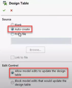 SOLIDWORKS Design Table Feature Edit Control Options