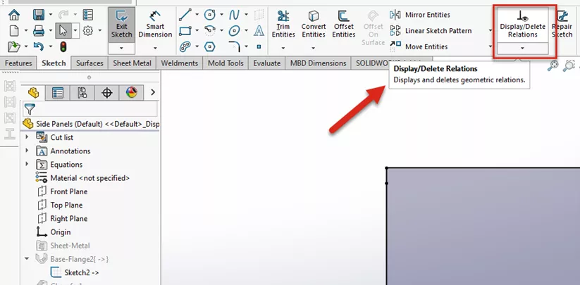 Display/Delete Relations Option in SOLIDWORKS 