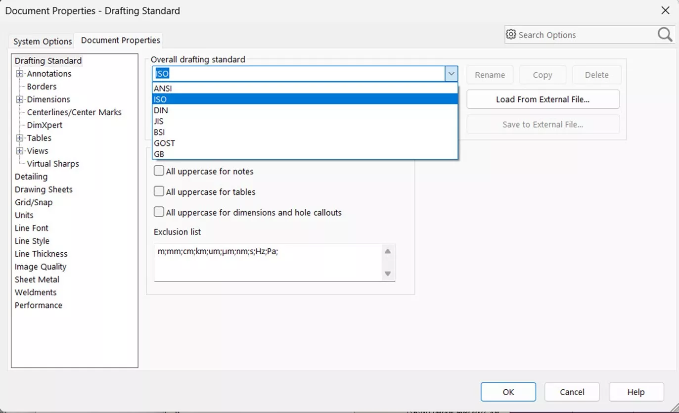 SOLIDWORKS Document Properties Drafting Standard