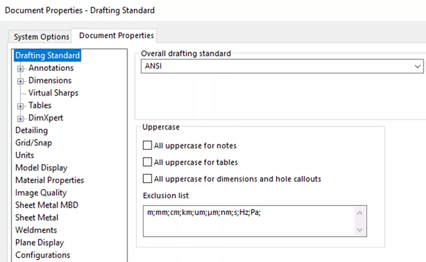 SOLIDWORKS Document Properties Drafting Standard