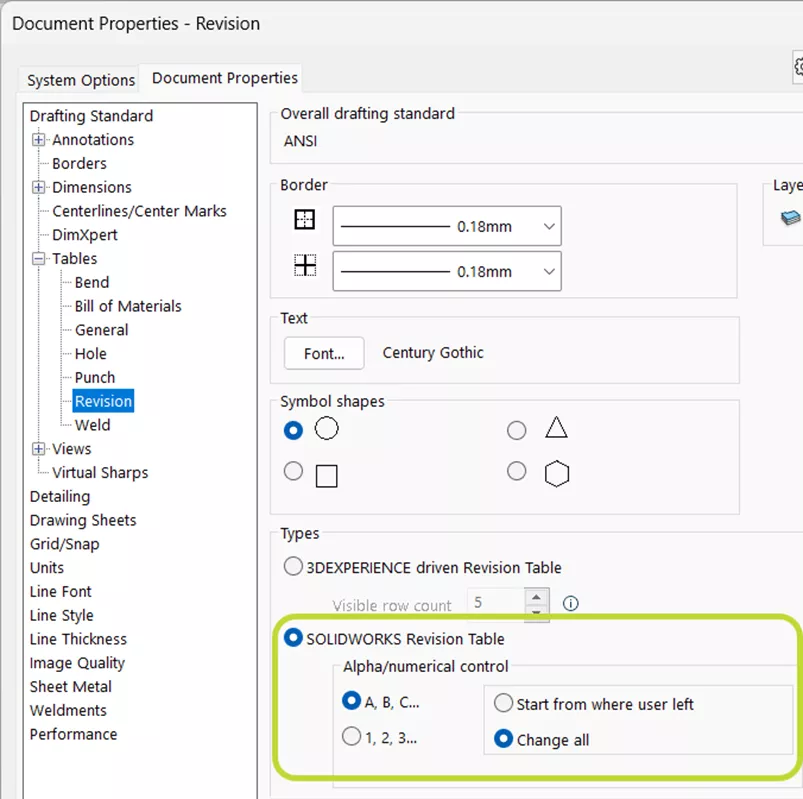 SOLIDWORKS revision numbering scheme setting