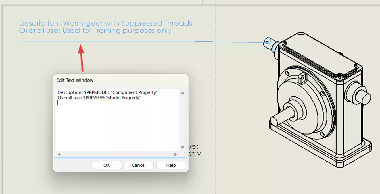 SOLIDWORKS Drawing with $PRP Edit Text Window 