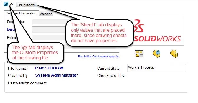 SOLIDWORKS Drawing Data Card Tabs