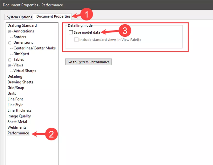 SOLIDWORKS Drawing Performance (2021 or Older Drawing Files): Turn Off Detailing Mode