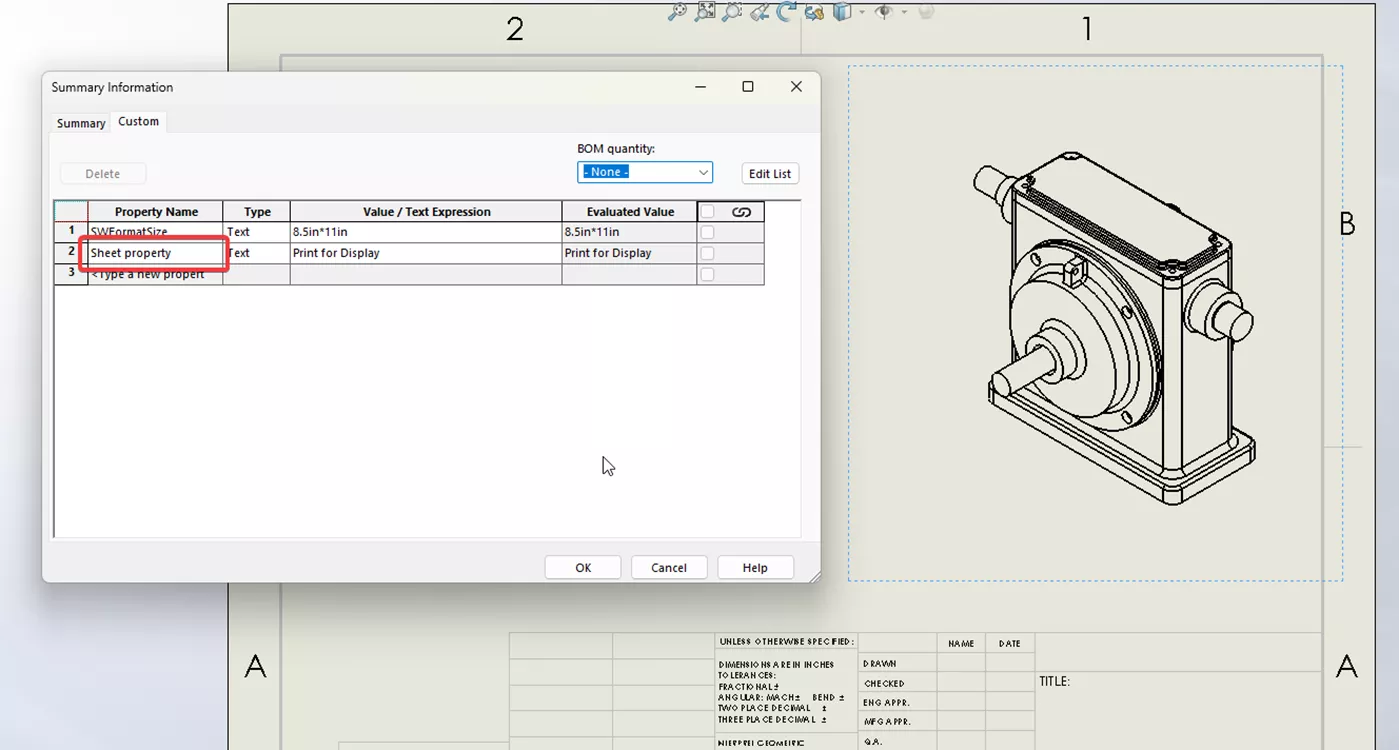 SOLIDWORKS Drawing Sheet Property