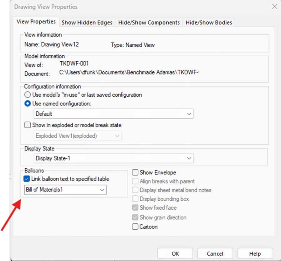 SOLIDWORKS Balloon Drawing View Properties