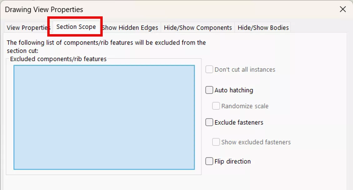 SOLIDWORKS Drawing View Properties Section Scope Tab