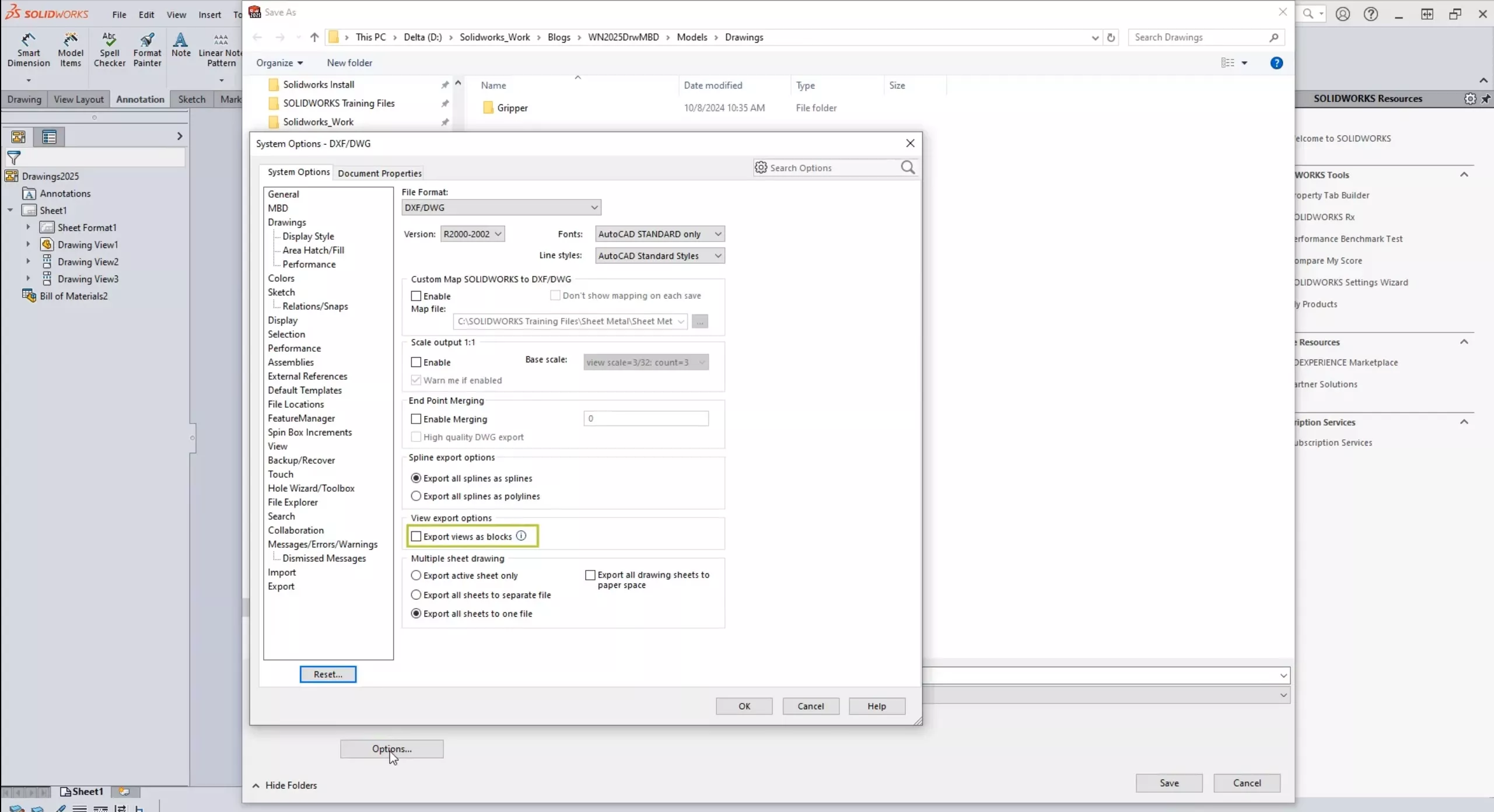 SOLIDWORKS 2025 Export Views as Blocks Option