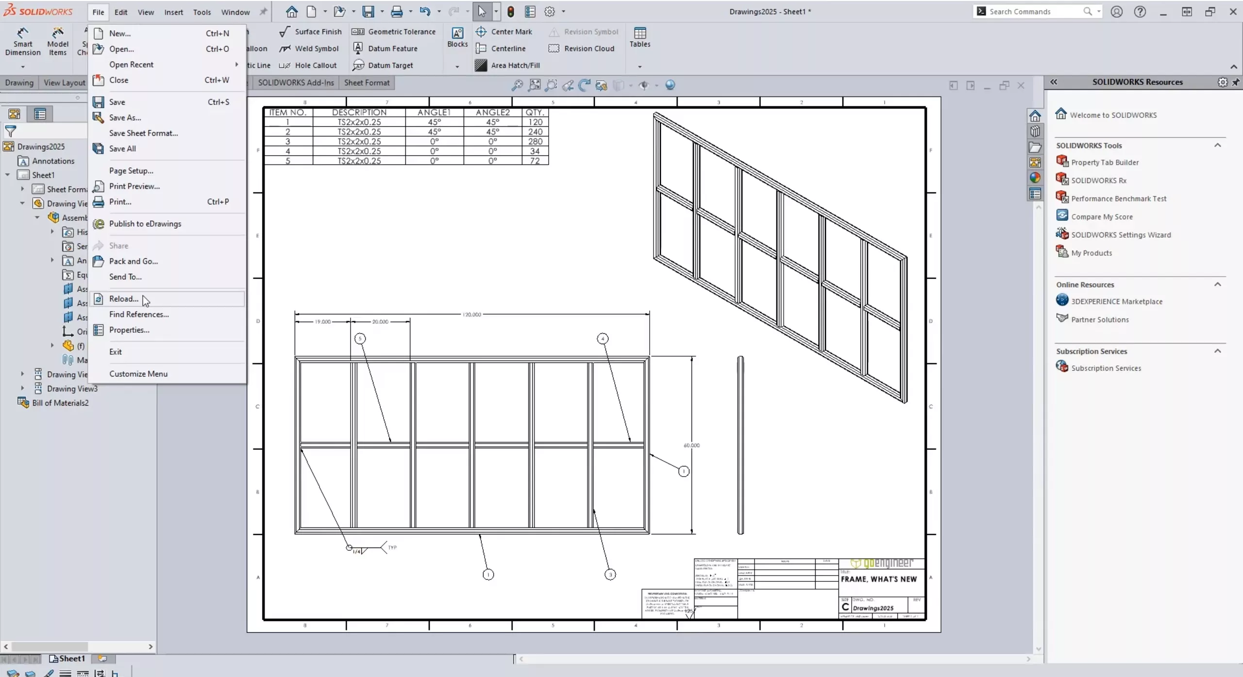 SOLIDWORKS Drawings 2025 Reload Button