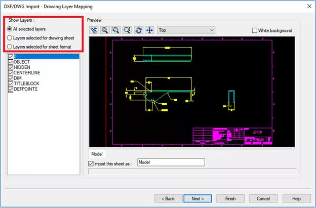 SOLIDWORKS DXF/DWG Import Drawing Layer Mapping Dialog Window