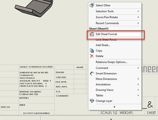 SOLIDWORKS Edit Sheet Format Option