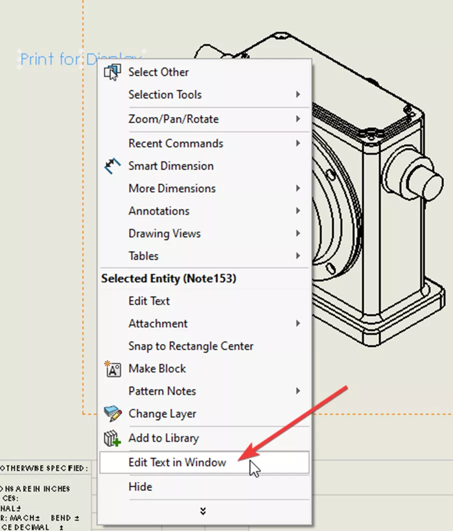 SOLIDWORKS Edit Text in Window Option