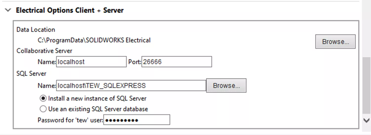 SOLIDWORKS Administrative Image Electrical Options Client + Server (if selected)
