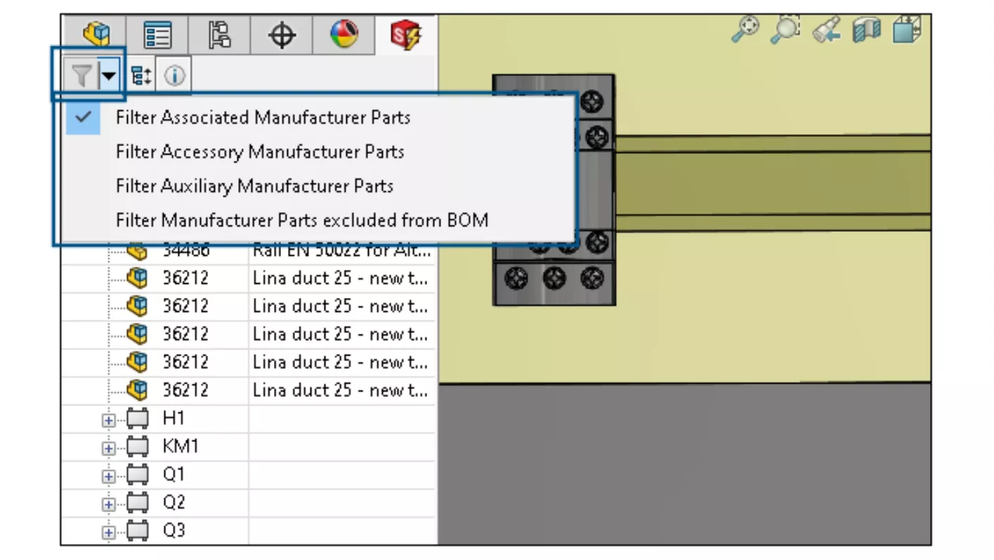 Filtering Auxiliary and Accessory Parts in SOLIDWORKS Electrical 2024
