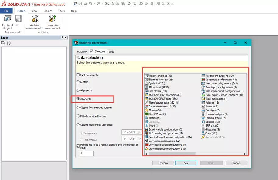 SOLIDWORKS Electrical Archive Environment All Objects Option