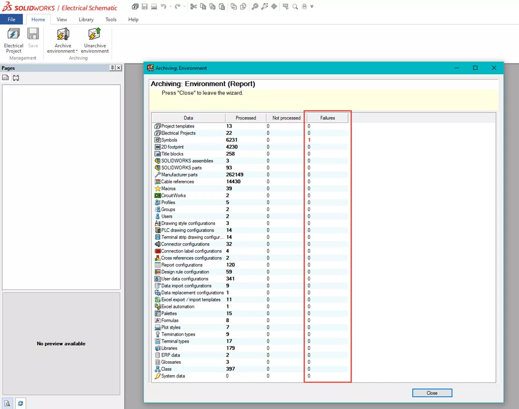SOLIDWORKS Electrical Archive Environment Showing Failures