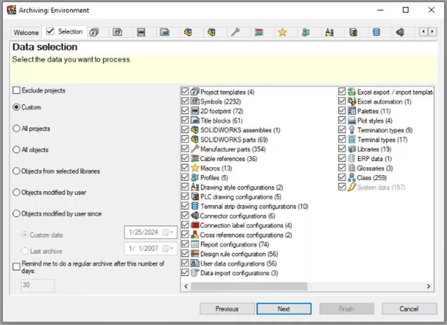 SOLIDWORKS Electrical Archiving Environment Data Selection