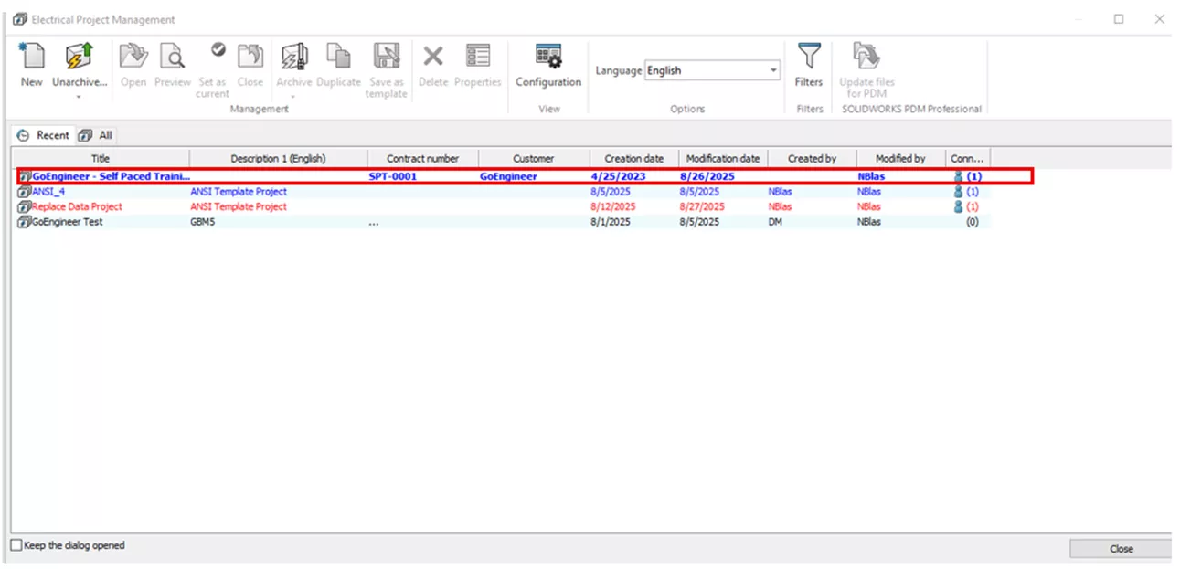 SOLIDWORKS Electrical Bold Blue Active Projects