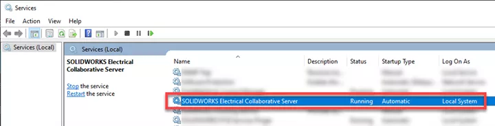 SOLIDWORKS Electrical Collaborative Server in Windows Services Manager