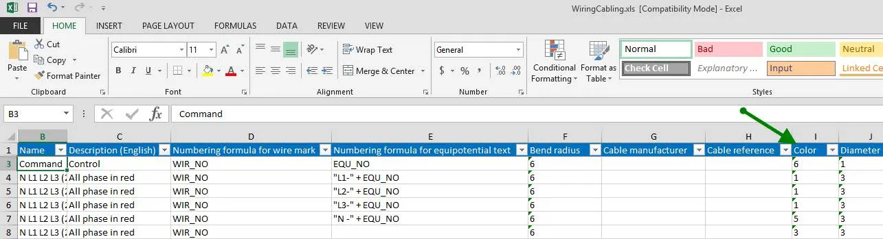 SOLIDWORKS Electrical Colors in an Excel Spreadsheet