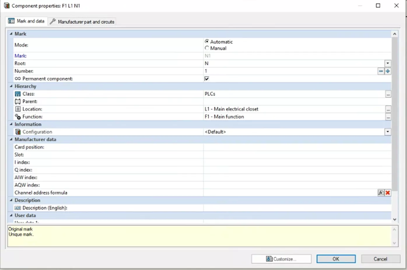 Mark and Data Tab Options in SOLIDWORKS Electrical Component Properties
