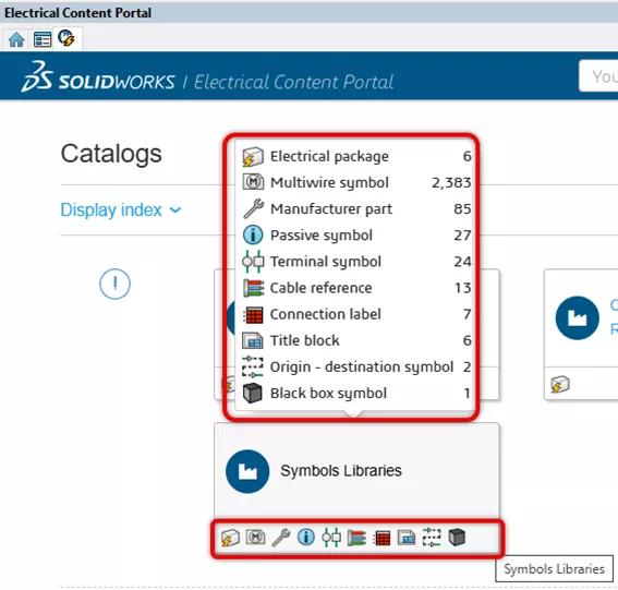 SOLIDWORKS Electrical Content Portal Catalog Icons