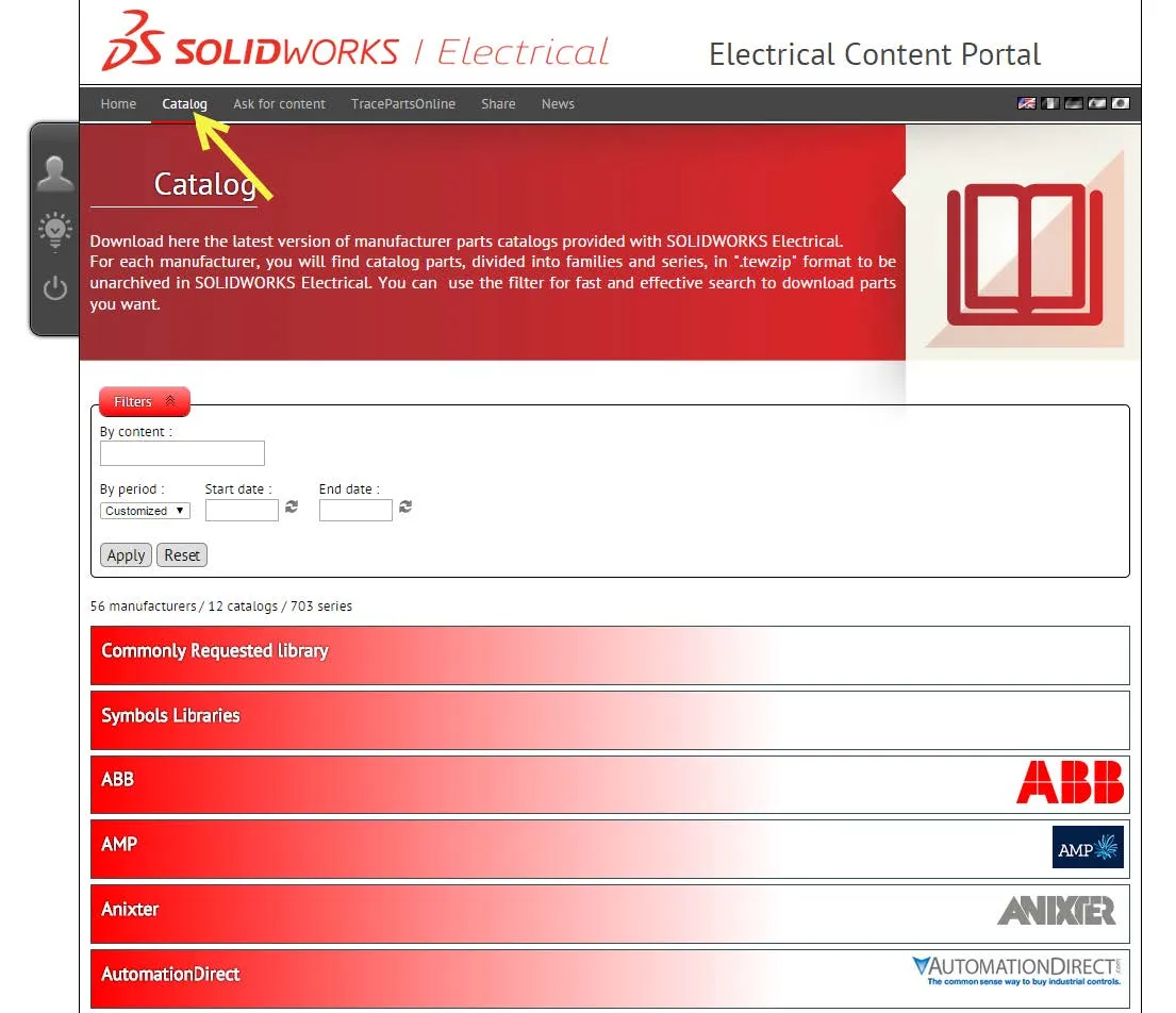 SOLIDWORKS Electrical Content Portal Catalog Tab 