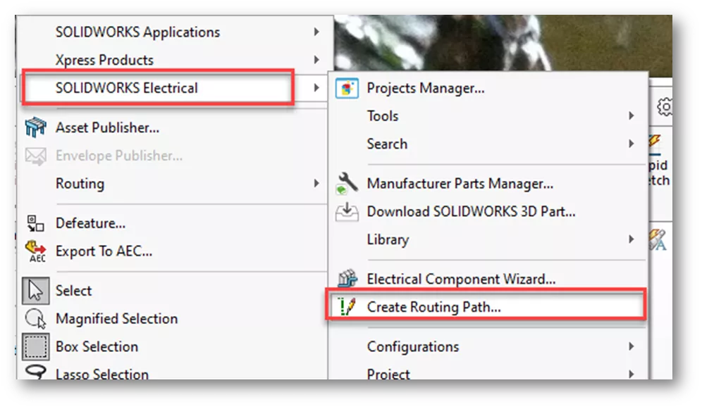 SOLIDWORKS Electrical Create Routing Path... Option 