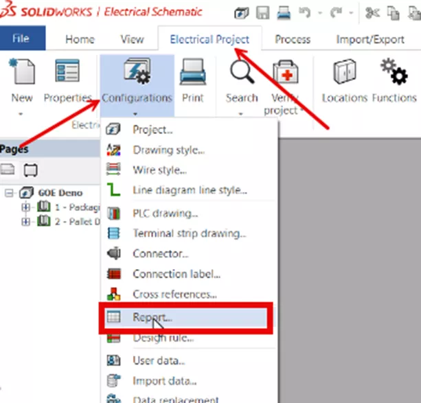  SOLIDWORKS Electrical Report Option in the Electrical Project Configuration Dropdown Menu