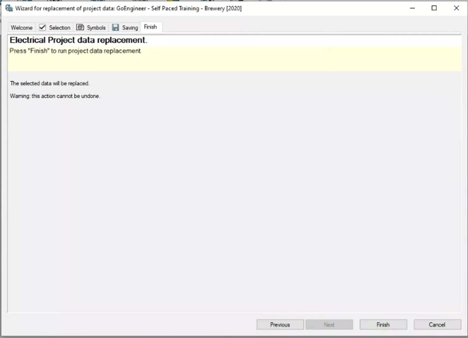 Finish Tab in the SOLIDWORKS Electrical Wizard for Replacement of Project Data 