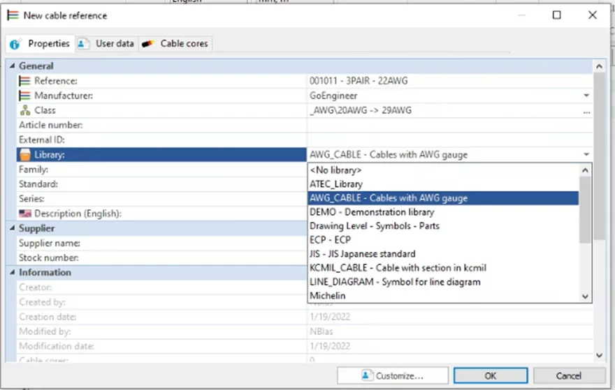 SOLIDWORKS Electrical Library Selection for Cables 