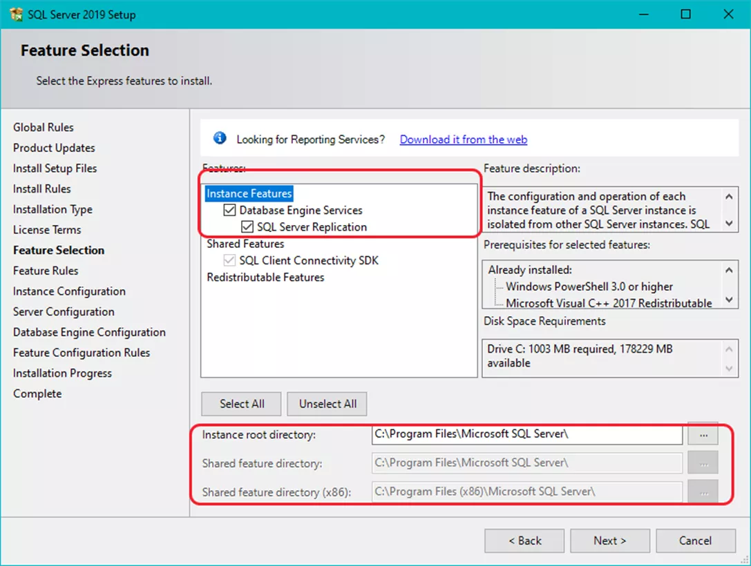 SOLIDWORKS Manual SQL Instance Creation Feature Selection 