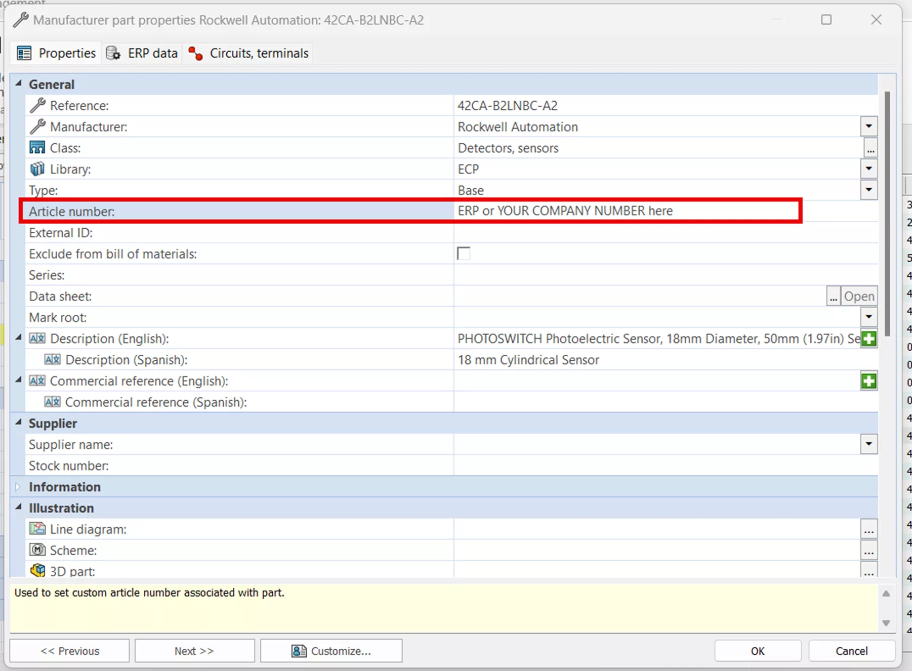 SOLIDWORKS Electrical Manufacturer Part Properties Article Number Field